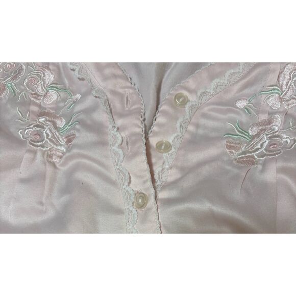 Vintage Miss Elaine Nightgown M Pink Satin Embroidered Neck Long Sleeve Lounge - Picture 3 of 5